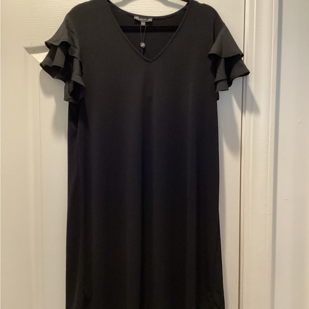 Adrianna Papell Black V-Neck Midi Dress with Ruffle Sleeves
